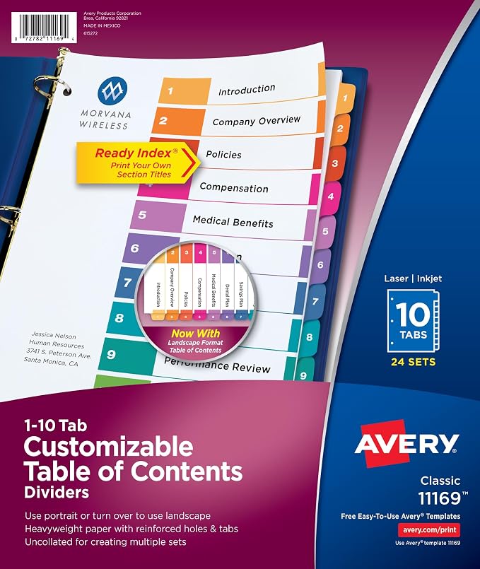 Avery 10 Tab Dividers for 3 Ring Binders, Customizable Table of Contents by Avery