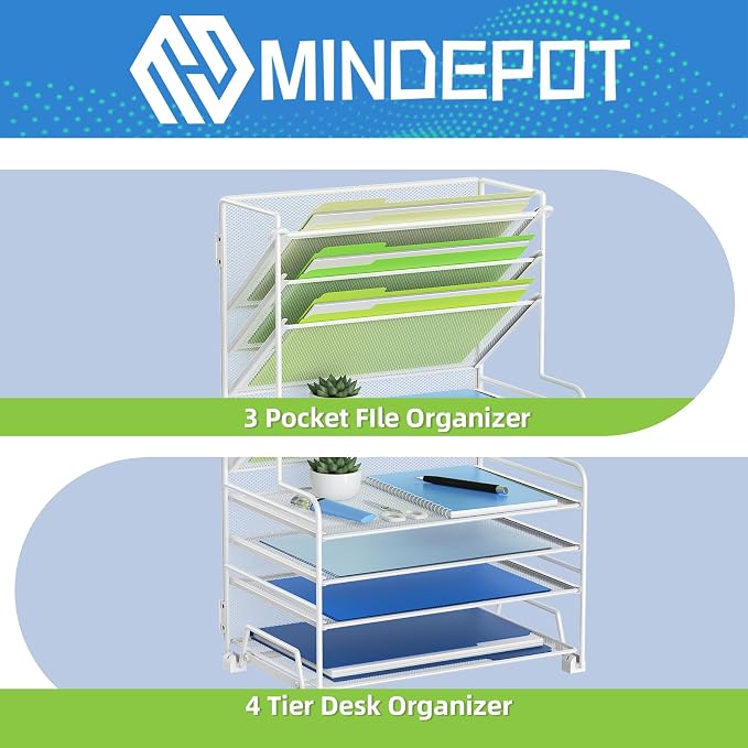 MINDEPOT 4-Tier Paper Organizer + 3-Pocket File Holder + Drawer + Pen Holders - Image 3
