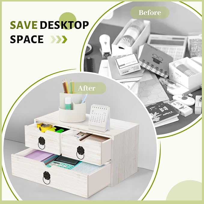 Wood Desk Organizer with Drawer, Tabletop Storage Organization Box - Image 6
