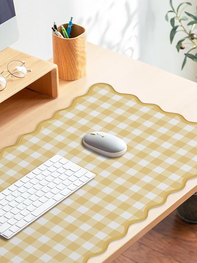 Scalloped‌ Checkered Gingham Desk Mat Cute Yellow Pastel Large Mouse Pad Kawaii - Image 3