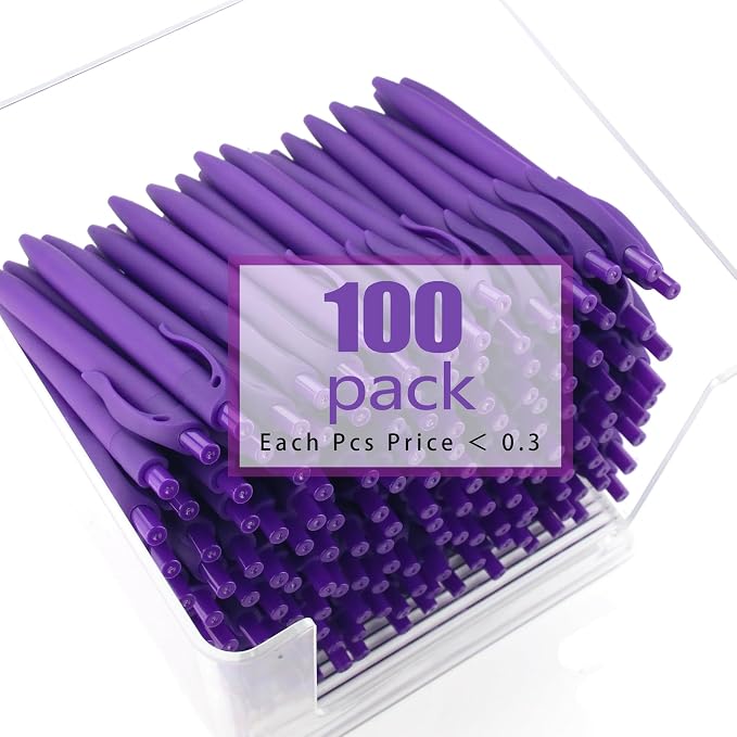 deegtran Pens Bulk, 100 Pack No Bleed Purple Barrel Click Pens, Wholesale - Image 3