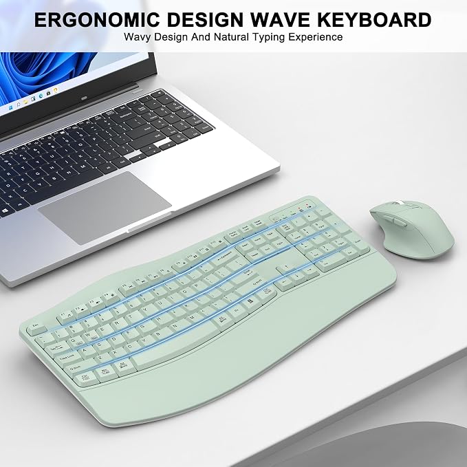 Wireless Keyboard and Mouse Combo, 2.4G Full Size Wave Keys Ergonomic Keyboard - Image 2