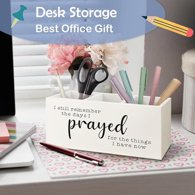SNNDER Christian Pen Holder for Desk, Motivational Desk Decor Wooden Pen Pencil - Image 4