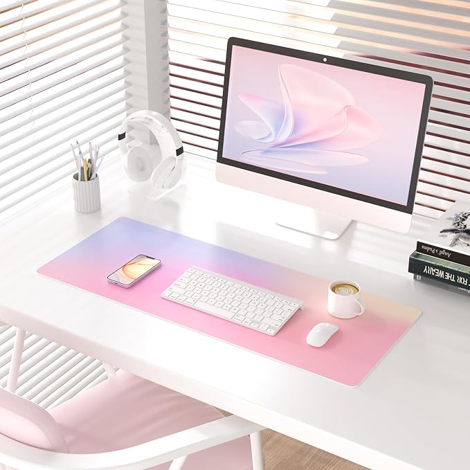 Colorful Star Large Mouse Pad Pink, Girly Desk Mat Aesthetic PU Leather Laptop - Image 2
