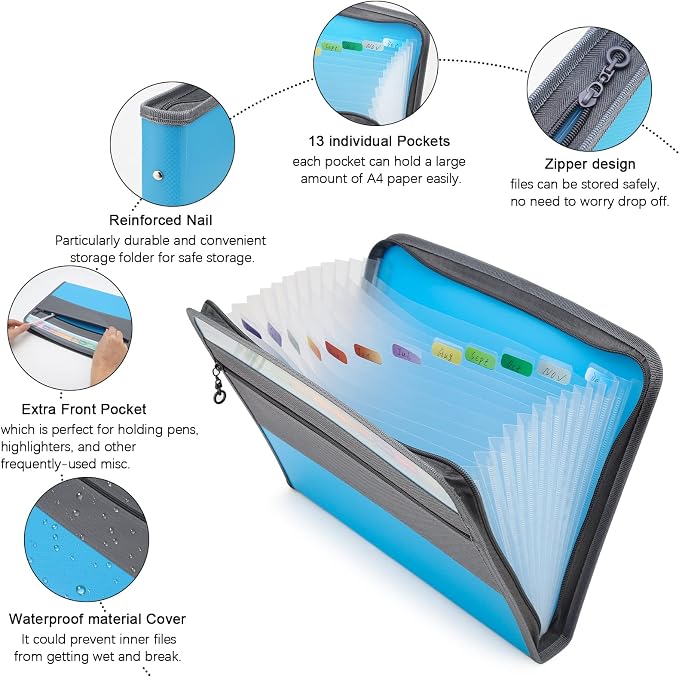 NAFY Expanding File Folders, 13 Pockets, A4 Letter Size, Portable Accordion - Image 3