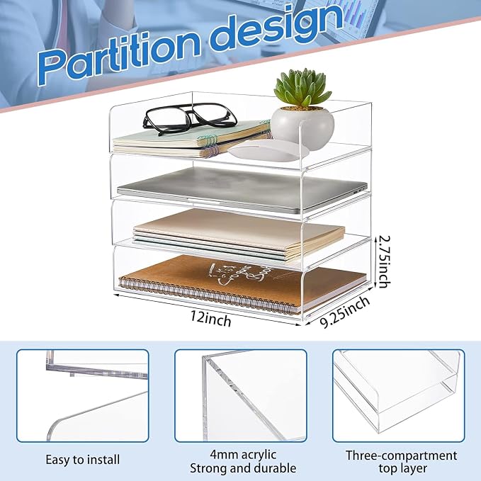 Harloon 4 Tier Paper Organizer Letter Tray Acrylic Desk File Organizer Heavy - Image 2