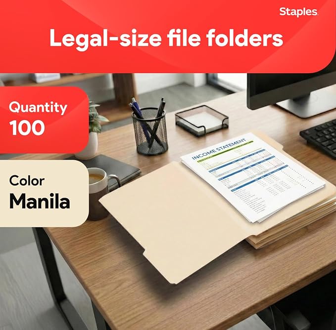 Staples Recycled File Folders, Legal Size, 1/3‑Cut Tabs, 30% Recycled Paper - Image 2