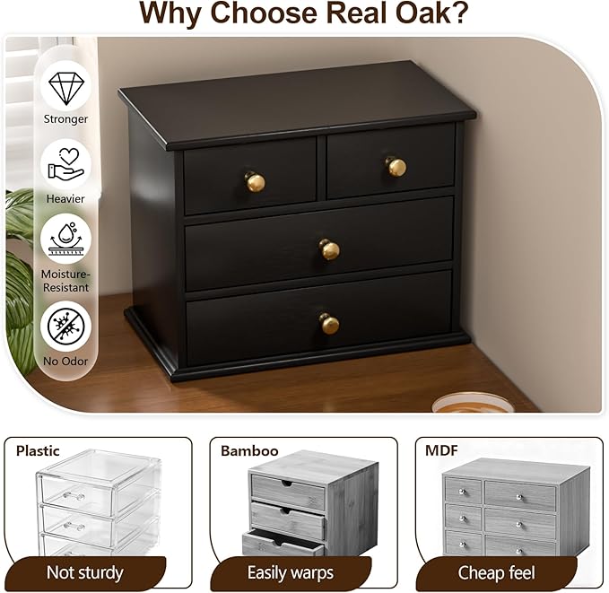 Oak Desk Organizer with Drawers, Durable Wooden Desktop Storage Box with Metal - Image 3