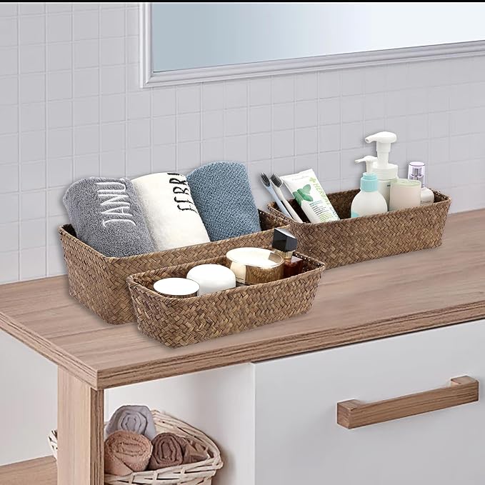 3 Natural Wicker Basket Set Rectangular Handwoven Seagrass Basket Storage Bins - Image 3