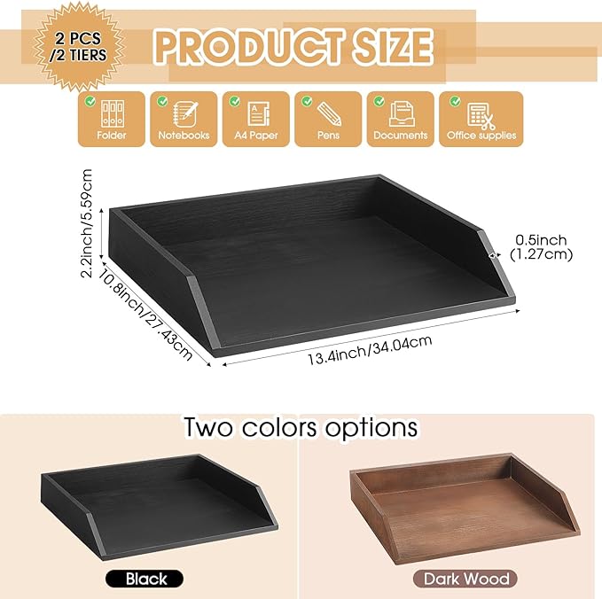 Beeveer 2 Pcs Black Wood Letter Tray Wooden Desk Paper Organizer 2 Tier - Image 2
