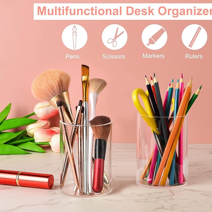 Mototo 4 Pieces Clear Acrylic Pen Holder Round Acrylic Pencil Cup Clear Makeup - Image 4
