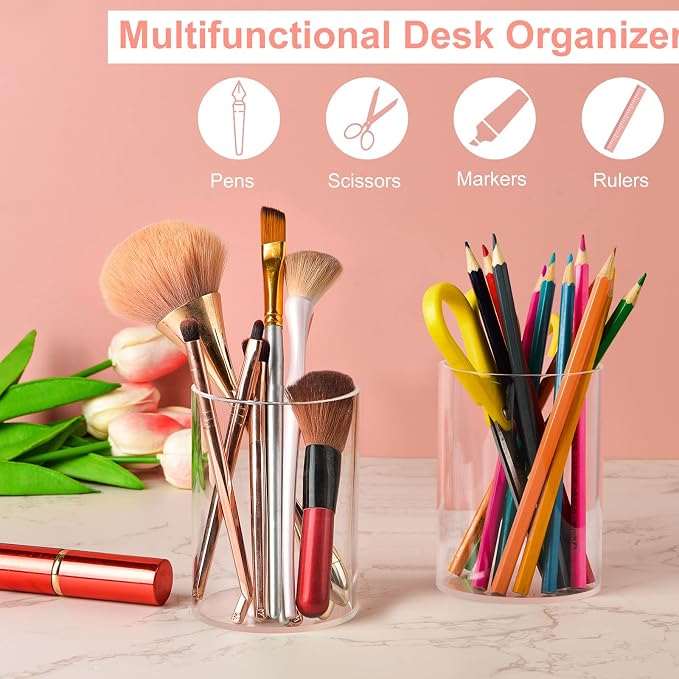 Mototo 8 Pieces Clear Acrylic Pen Holder Round Acrylic Pencil Cup Clear Makeup - Image 4