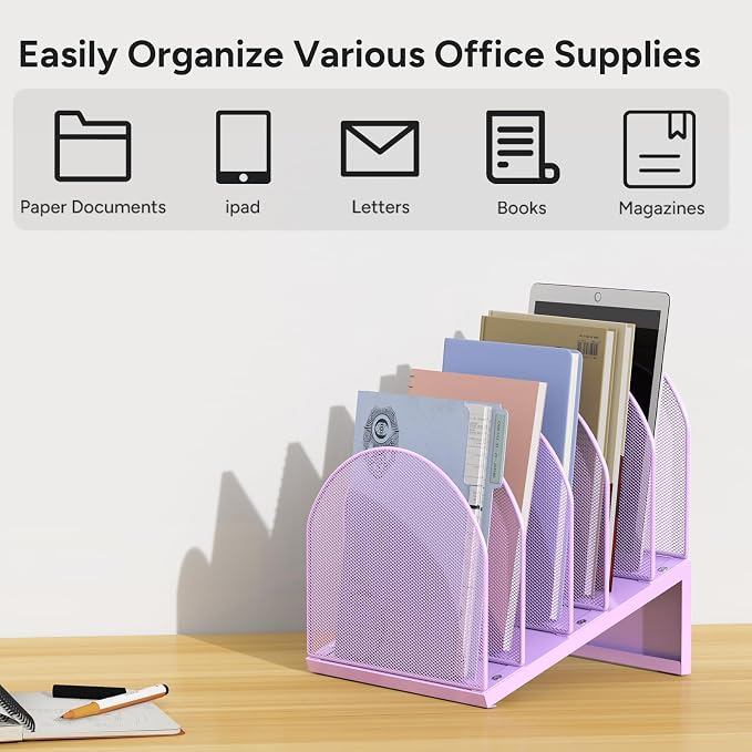 5-Section Desk File Organizer, Metal Mesh Folder Organizer - Image 7