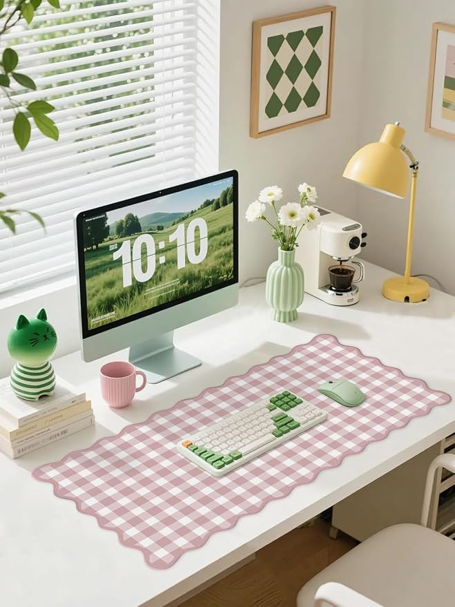 Scalloped‌ Pink Checkered Gingham Desk Mat Cute Pastel Large Mouse Pad Kawaii - Image 2