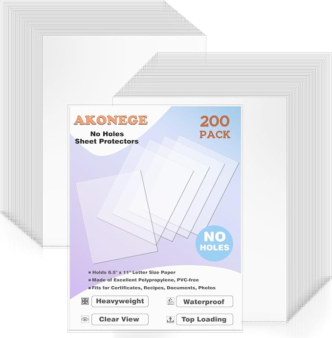 AKONEGE 200 Pack No Holes Sheet Protectors 8.5 x 11 Inch Letter Size Page by AKONEGE