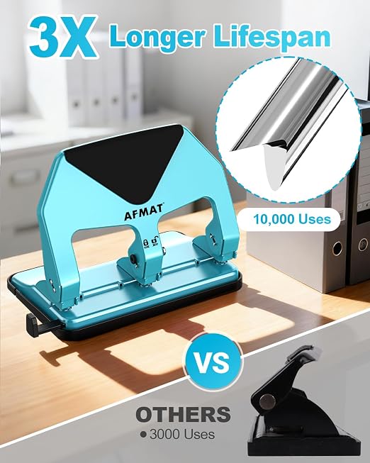 AFMAT 3 Hole Punch Heavy Duty, 50-Sheet Three Hole Punch, 50% Reduced Effort - Image 4