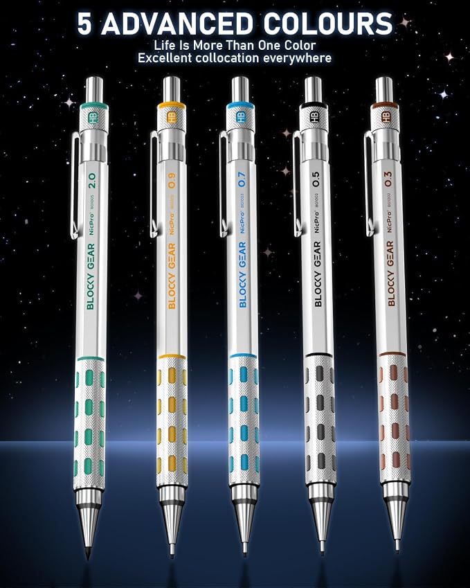 Nicpro Blocky Gear Metal Mechanical Pencil Set in Leather Case, 0.9&2mm Lead - Image 2