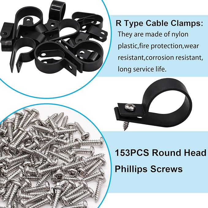 TWTADE 306PCS Black Cable Clamps Nylon Plastic R-Type 6 Sizes 3/16'' 1/4'' - Image 4