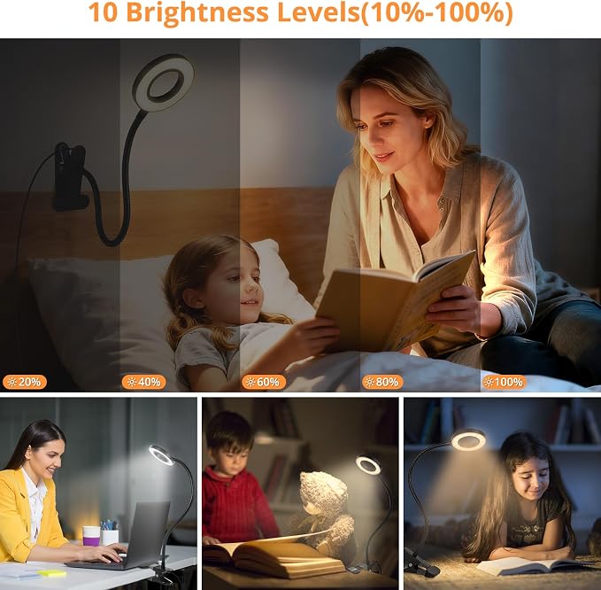 Woputne Desk Lamp Clip Light, 10 Dimmable Brightness 3 Light Modes Reading Light - Image 3