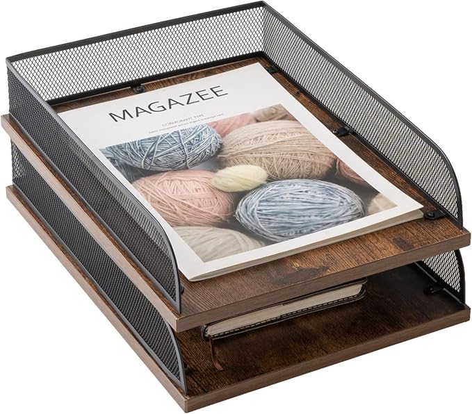 Set of 2 Vintage Wood & Metal Letter Tray，Desk Organizers Paper Tray，Office - Image 7
