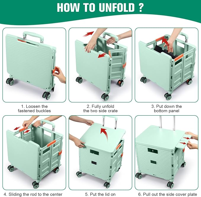 FELICON SELORSS Folding Utility Cart Portable Rolling Crate Handcart-Green | - Image 5