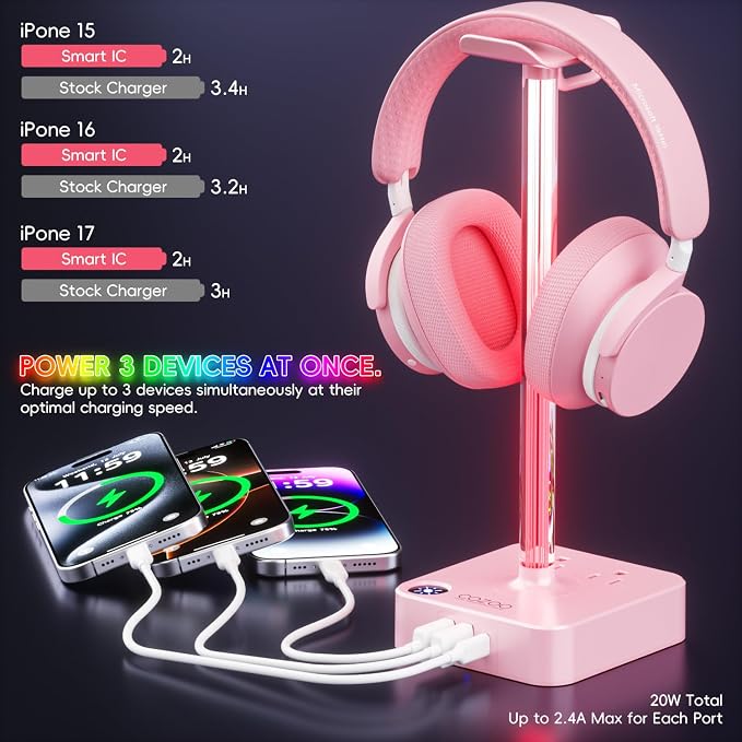 cozoo Gifts for Teen Girls Cute Pink RGB Headphone Stand & Charging Station - Image 3