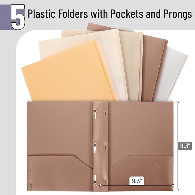 Mr. Pen- Plastic Folders with Pockets and Prongs, 5 Pack, Letter Size | Natural - Image 2