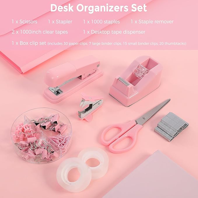 SKYDUE Pink Office Desk Accessories, Tape Dispenser, Clips and 1000pcs Staples - Image 3