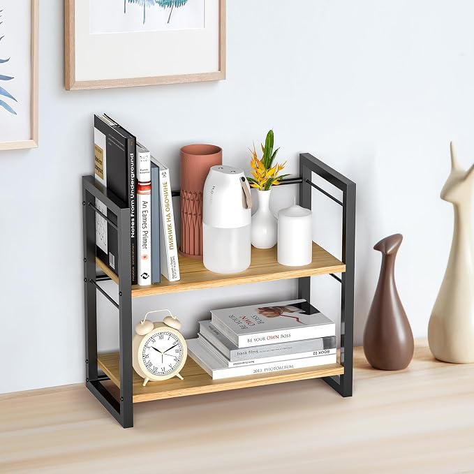 Office Desk Shelf Organizer, Wood Desktop Bookshelf Supplies Storage Rack - Image 2