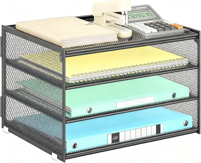 Lavatino 3-Tier Letter Tray Desk Organizer – Grey Mesh Metal Paper File Tray by Lavatino
