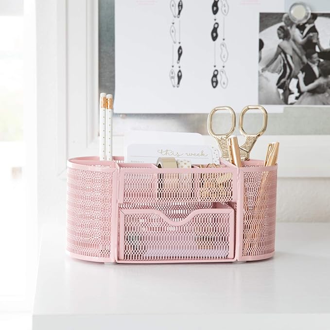 BLU MONACO | Pink Desk Organizers Metal Mesh Stationery Holder | Wire Mesh Desk - Image 4