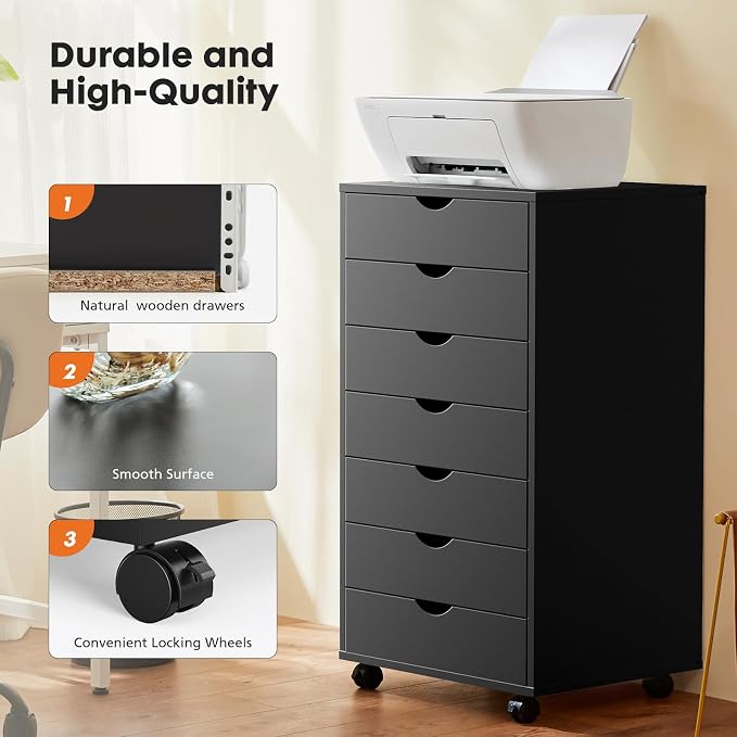 OLIXIS 7 Drawer File Cabinet on Wheels, Printer Stand | Fits Under Desks - Image 7