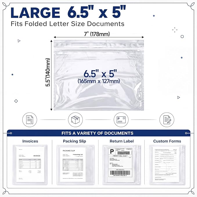 Glenmal 100 Pcs 7" x 5.5" Resealable Packing List Envelopes Clear Self-adhesive - Image 2