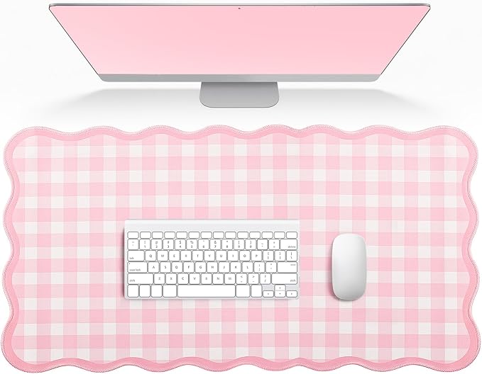 Scalloped Gingham Pink Desk Mat, Large Cute Desk Pad by Unknown