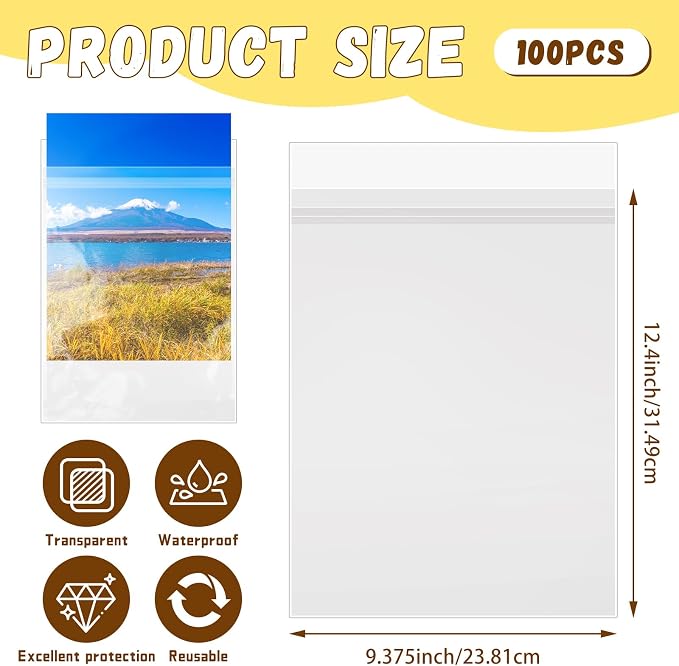 VOKOY 100 Pack 9 3/8 x 12 2/5 inches Crystal Clear Sleeves Storage Bags - Image 2