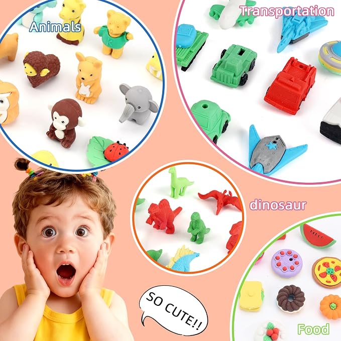 URSKYTOUS 150Pcs Animal Erasers Bulk Cute Food Erasers Desk Pets Kids Puzzle - Image 4