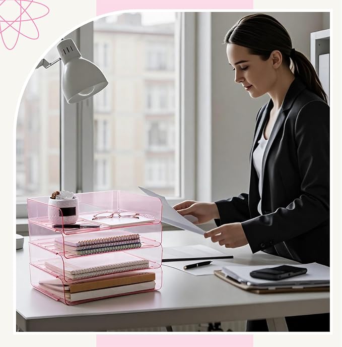 Harloon 4 Tier Pink Acrylic Paper Organizer 13 x 9.8 x 3 Inches Letter Tray - Image 7