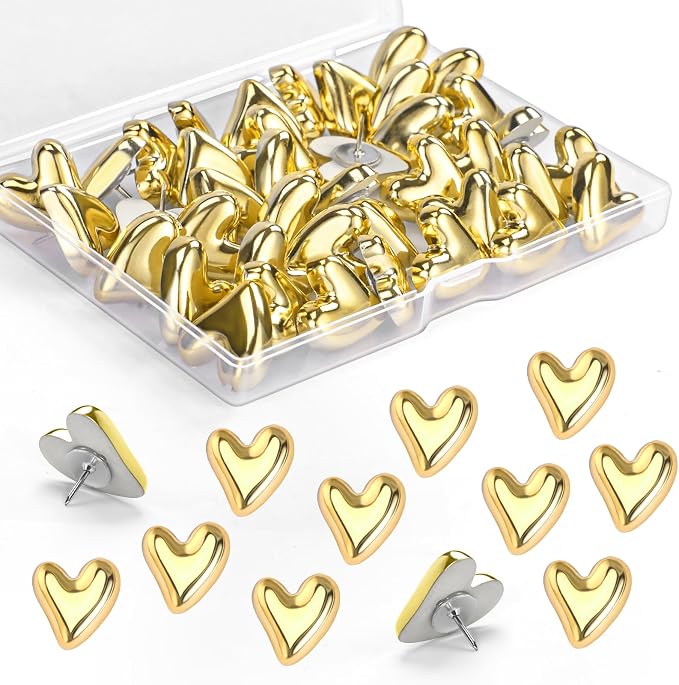 36 Pieces Cute Heart Push Pins, Decorative Gold Push Pins by GOOLADA
