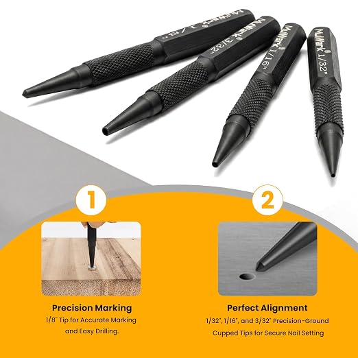 MulWark 4-Piece Nail Set and Center Punch Set, 1/32" to 1/8" Hardened Cr-V - Image 5