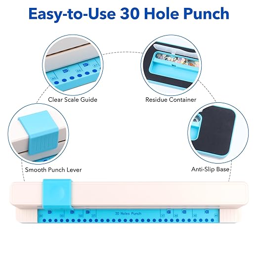 30 Holes Binding Punch, Loose Leaf Paper Punch Machine, Portable Hand Pushed - Image 3