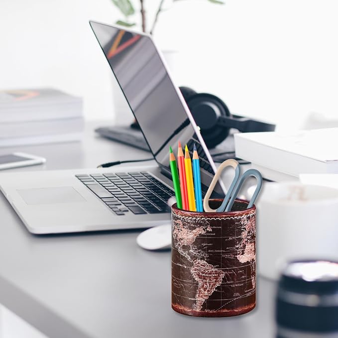 Black World Map Pencil Holder for Desk, PU leather Pencil Cup, Globe Pen Holder - Image 8