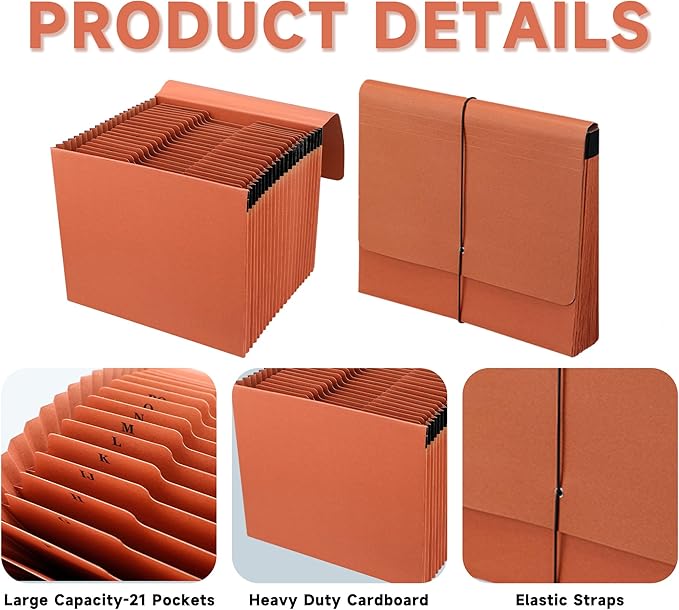 Expanding File Pockets with Cover, A-Z 21 Pockets Accordion File Organizer - Image 3
