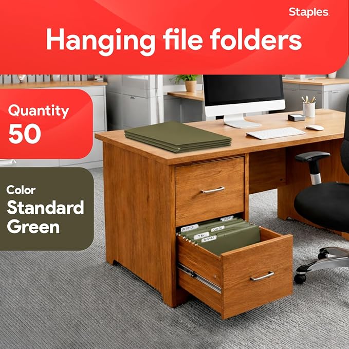 Staples Hanging File Folders, Letter Size, 1/5‑Cut Tabs, Standard Green - Image 2