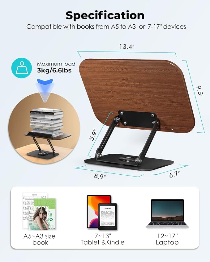 Viozon Book Stand for Reading, Book Holder, Height&Angle Adjustable, 360° - Image 5