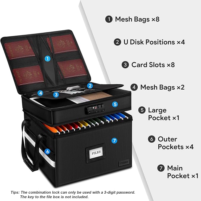 Fireproof File Organizer with Lock, 2 Layer Fireproof Document Box with 5 Tab - Image 2