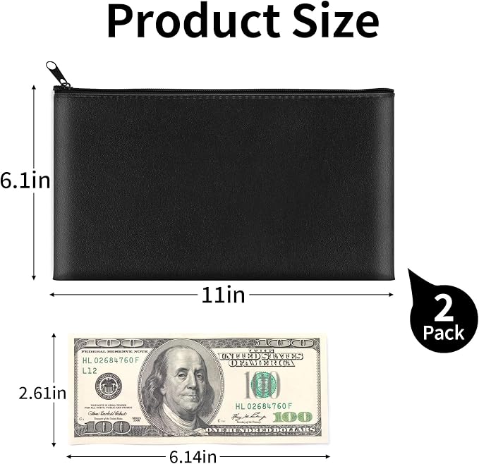 2 Pack Money Bags with Zipper, 11x6.1 Inch PU Leather Cash Pouch, Secure Bank - Image 2