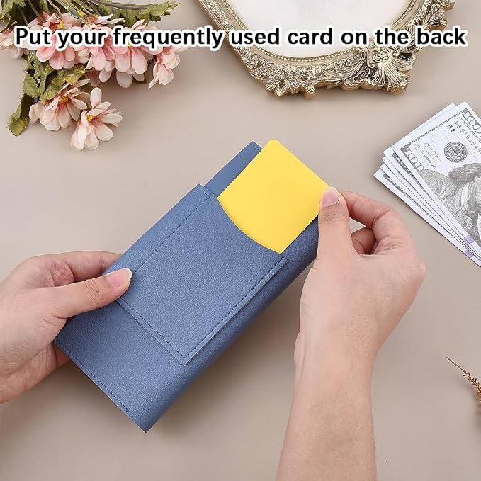 PU Leather Cash Envelope Wallet Blue All in One Long Bifold 2 Tier Reusable - Image 4