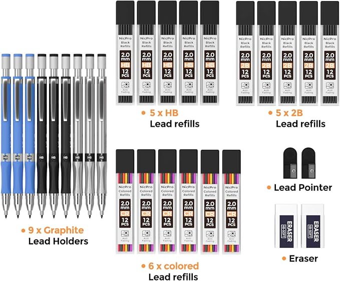 Nicpro 29 Pieces 2mm Mechanical Pencil Set, 2 Erasers, 2 Sharpener - Image 2