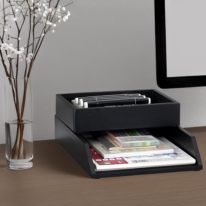 Demigo Desk Organizer Letter Tray Set of 2, Acacia Wood Tabletop Desktop - Image 5