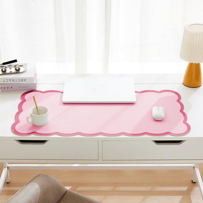 Scalloped Desk Mat, 31.5" x 15.7" Hot Double Pink Large Cute Aesthetic Desk - Image 2
